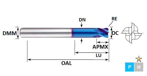 12.0mm 4 Flute 0.5mm Corner Radius Extended Neck (38mm Effective Length) Long Length Pulsar Blue Carbide End Mill